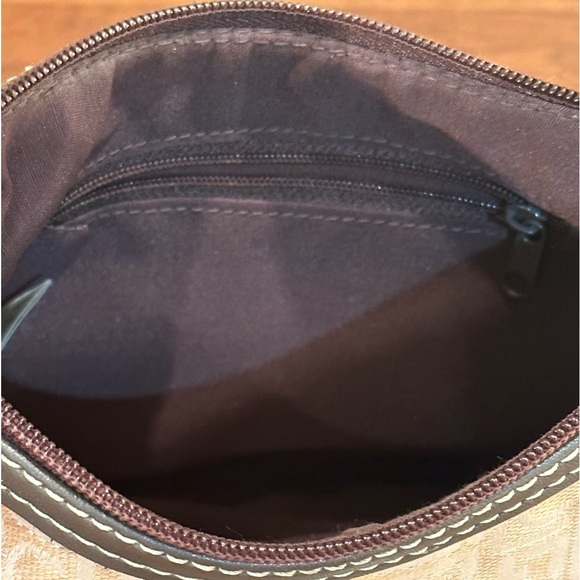 🌟HP🌟VTG 2000s Liz Claiborne Small Monogrammed Beige Fabric & Faux Leather Hobo - Picture 3 of 11